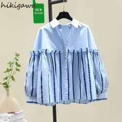 Camisas casuais listradas femininas, babados em retalhos, doces blusas coreanas, tops vintage soltos, blusa de verão 2021, 2024