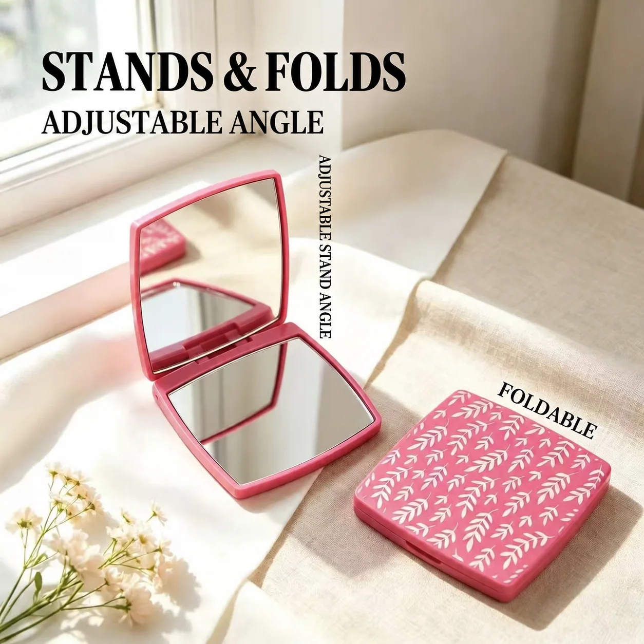 Double-Sided Mirror White Leaf Pattern Portable Travel Mirror Folding Makeup Mirror Glass For Office Travel Home Vanity
