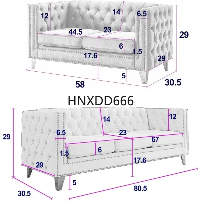 Velvet Sofa Set of 2, Tufted Back Couch with Rivet Accent, Solid Metal Tapered Legs, Stylish Living Room Sofas