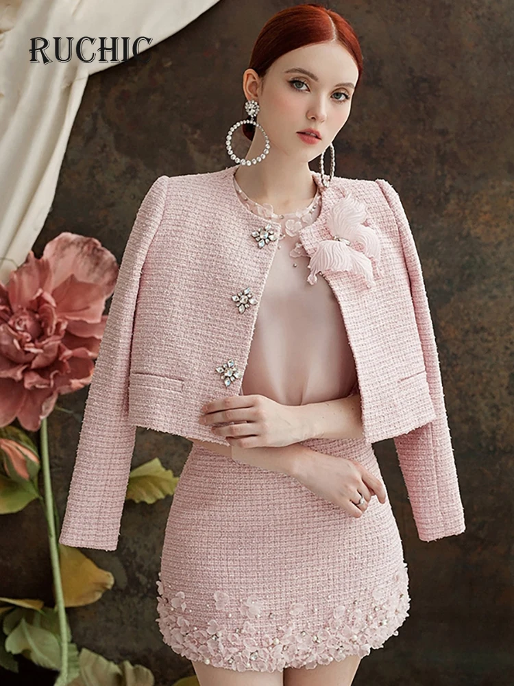 

2023 Autumn Women's Tweed Coat 2 Piece Set Long Sleeve Single Breasted High Waist Solid Color Mini Skirt Suit New Arrival