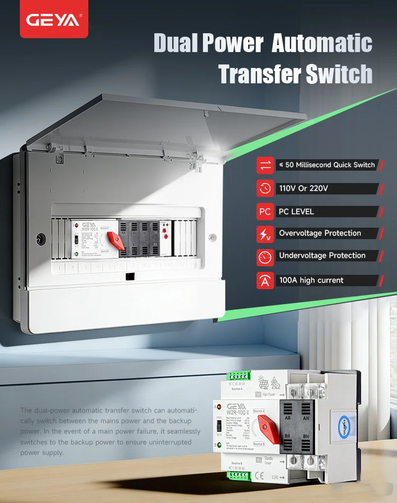 GEYA W2R ATS 220V PC Dual-Power Automatischer Transferschalter 100A Haushalts-Stromtransferschalter Solar-Stromversorgung ATS Stadtspeisung – Detail 2