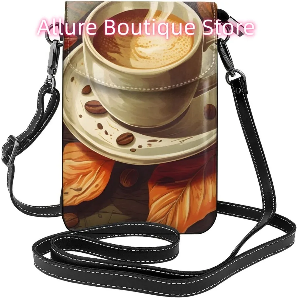 

Сумка через плечо с узором кофейного листа для женщин, маленькая дорожная сумка из искусственной кожи для мобильного телефона, легкий мини-кошелек для телефона, кошелек Cross B