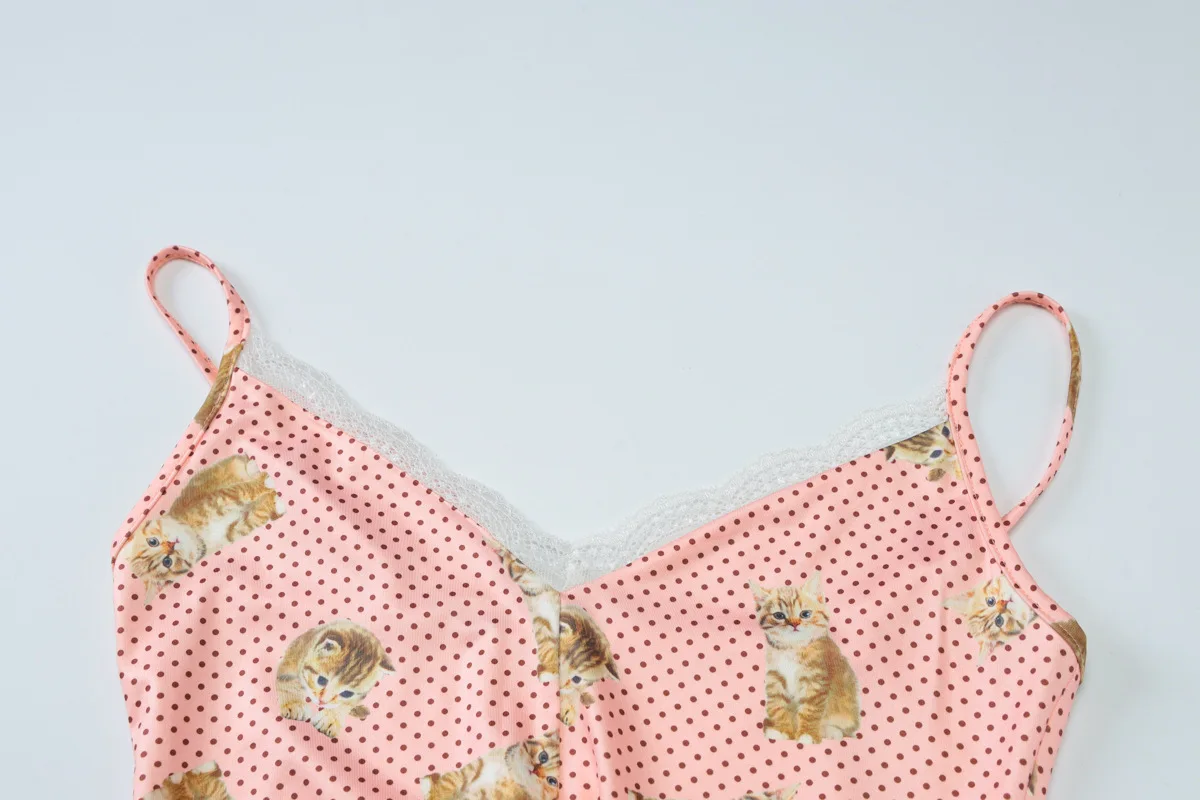 القط البولكا نقطة طباعة المرقعة الدانتيل كامي رومبير السراويل للنساء التباين عارية الذراعين سليم Y2K الساخن فتاة ارتداءها المتسكعون