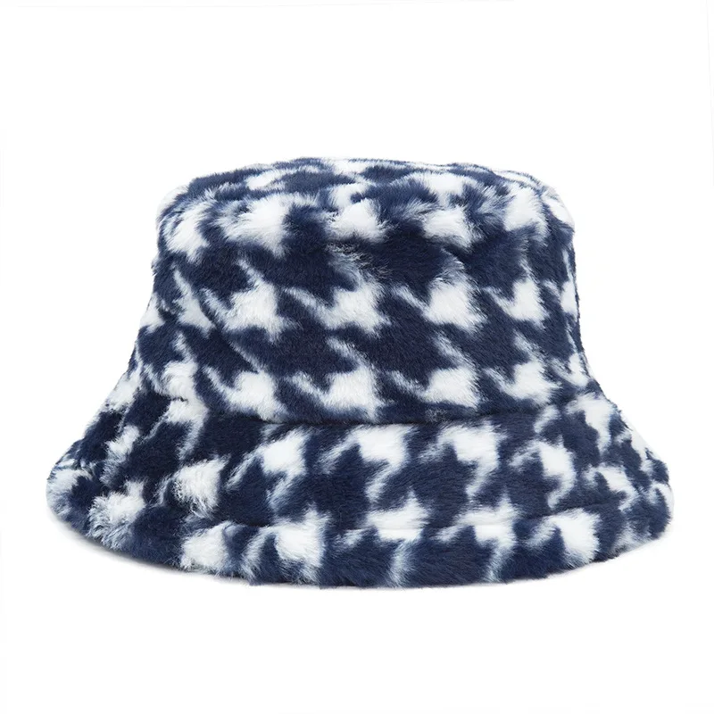 Luxury Winter Outdoor Vacation Fisherman Hat Women Houndstooth PanamaThickened Soft Warm Fishing Cap Faux Fur Rabbit Bucket Hat