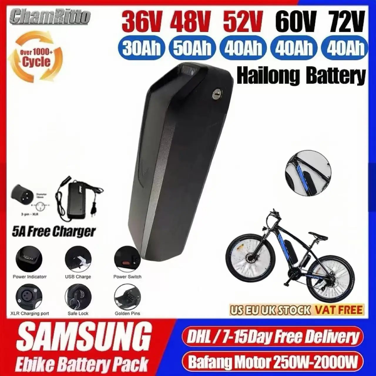 

Аккумулятор Hailong Cham Rider 36В 48В 52В 20Ач 24Ач 30Ач 50Ач 60Ач, батарея 60В 72В для электровелосипедов, 40Ач, 2000Вт