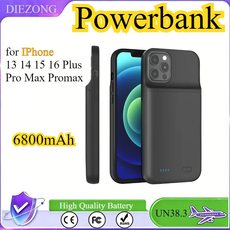 

Внешний аккумулятор-чехол Powerbank 6800 мАч для iPhone 13 14 15 16 Plus Pro Max: Зарядное устройство для телефона
