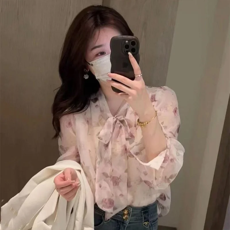 Spring Autumn Rose Fashion Harajuku Slim Fit Tops Women Casual All Match Lady Blouse Printed Long Sleeve Shirts Bowknot Blusa