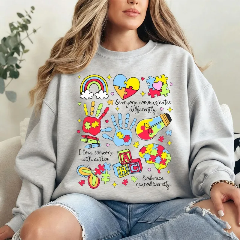 الجميع التواصل بشكل مختلف لشهر التوحد البلوز التوحد أمي خطاب علم الأم أعلى التوحد الوعي المرأة السترة