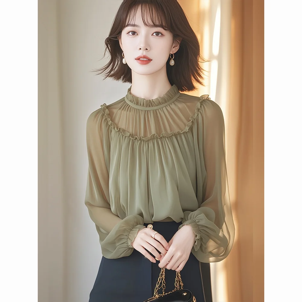 ربيع الخريف جولة الرقبة طويلة الأكمام الفرنسية فضفاض الشيفون قميص رمادي أخضر فضفاض البلوز أنيقة أعلى طويلة الأكمام قميص المرأة #1