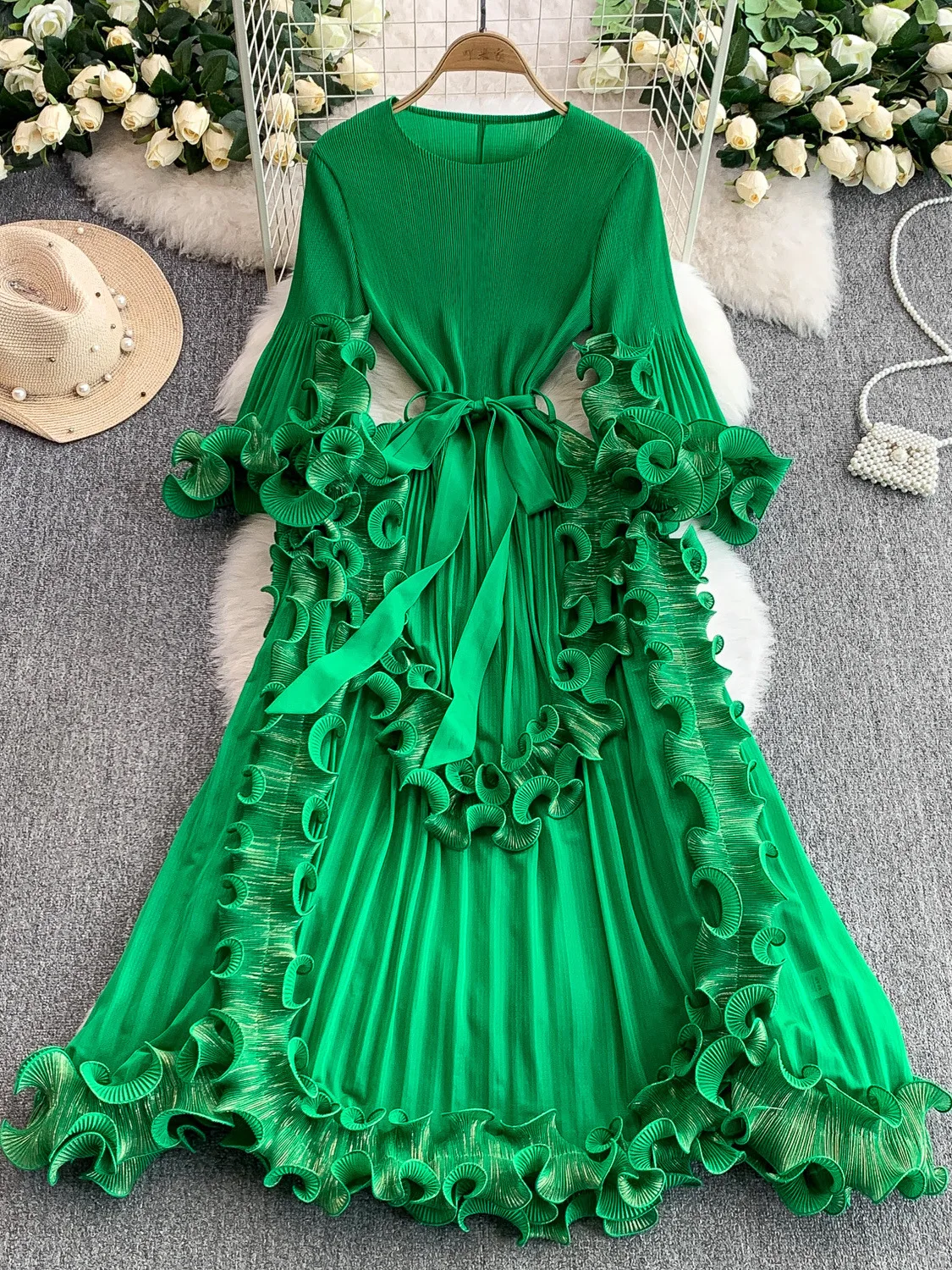 pleated fabric dresses Baby Blue Pleated A-Line Dress Wedding Guest Dresses Women Maxi Summer Party Formal Gowns With Belt Loose Fit Lapel Collar Long Sleeve High,S