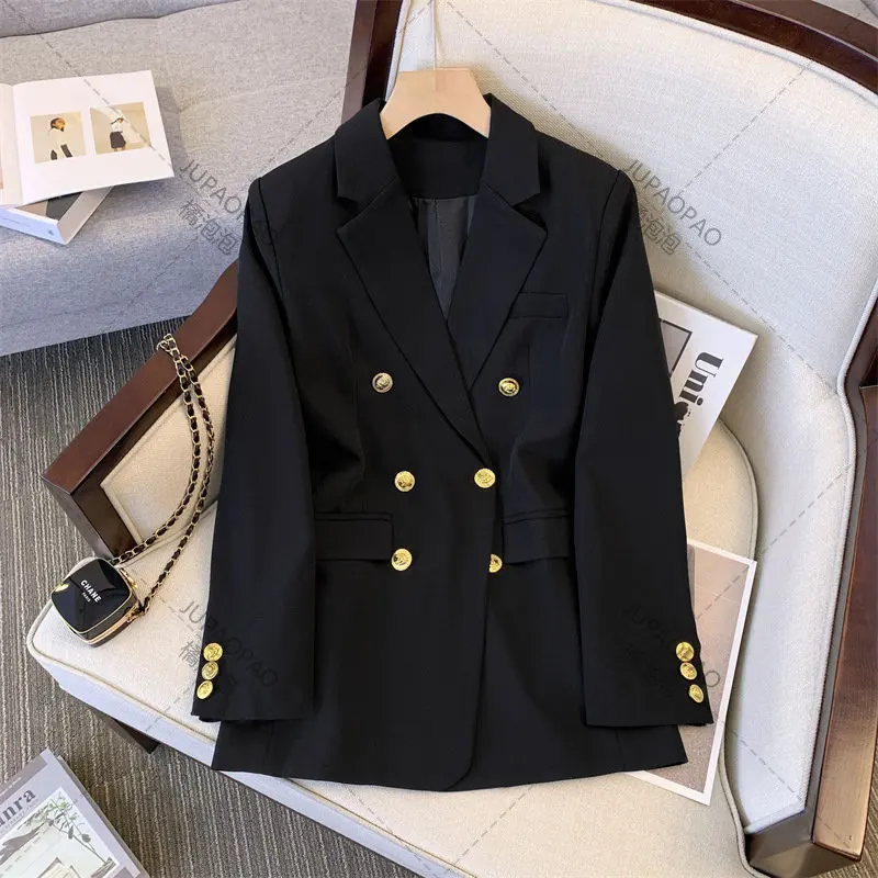 Blazer hitam KhakiFashion untuk wanita jaket baru musim semi musim panas kantor mantel panjang wanita berlekuk pakaian luar Double Breasted 2024