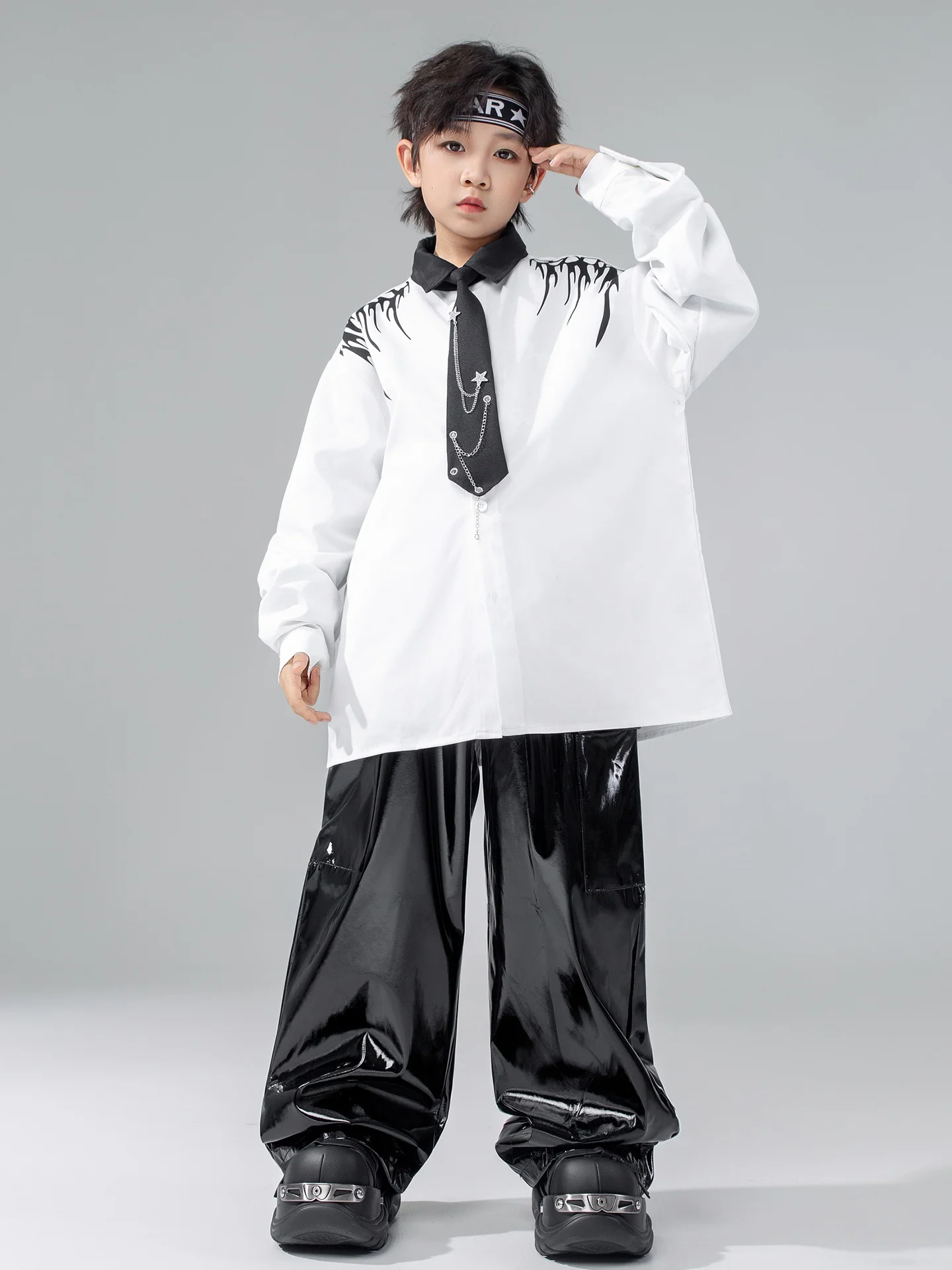 الأولاد الهيب هوب الملابس الشارع الرقص موضة قميص أبيض أسود بنطال جلدي طويل الأكمام الفتيات الاطفال أداء الجاز البدلة BL17769