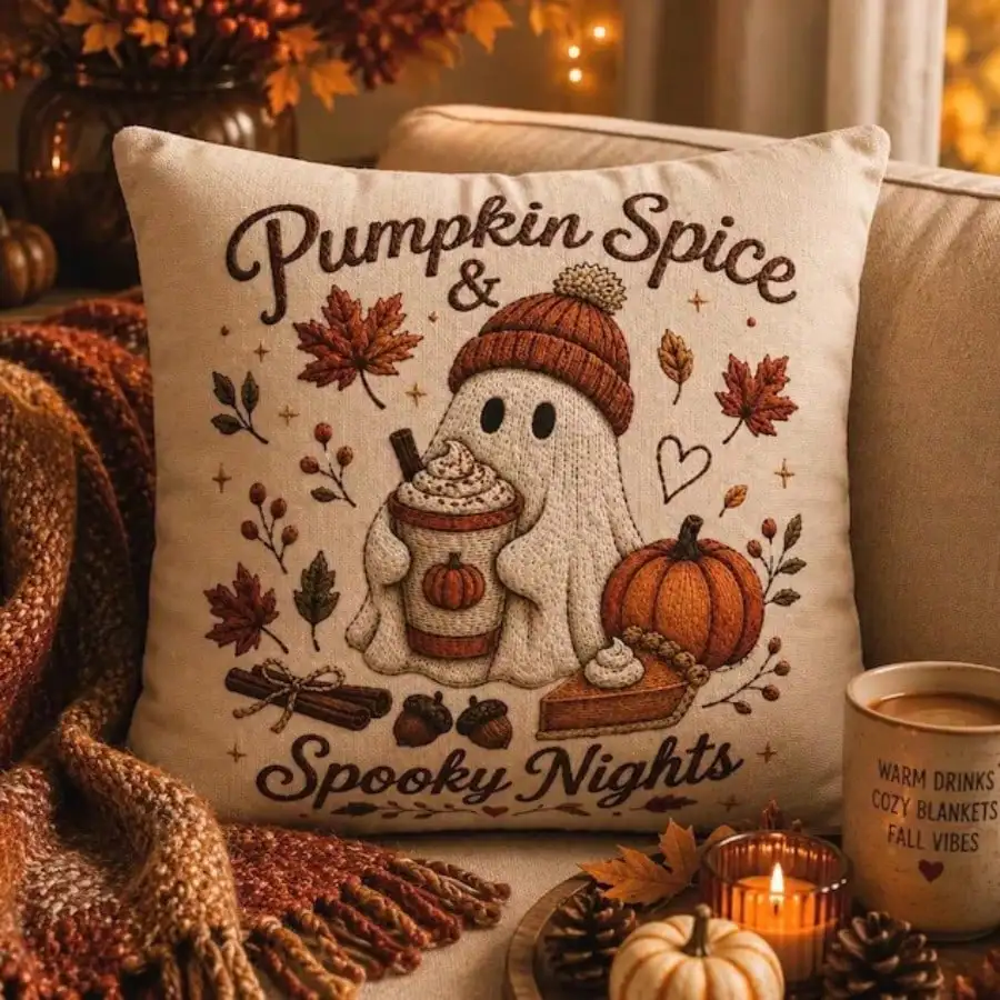 Pumpkin Spice & Spooky Nights Halloween Fall Pillow Cover 18x18 Inch, Faux Embroidered Ghost Pumpkin Throw Pillowcase, Beige Autumn Cushion Cover, Cozy Farmhouse Thanksgiving Halloween Home Decor For Sofa Couch Bed Chair Living Room Bedroom Porch