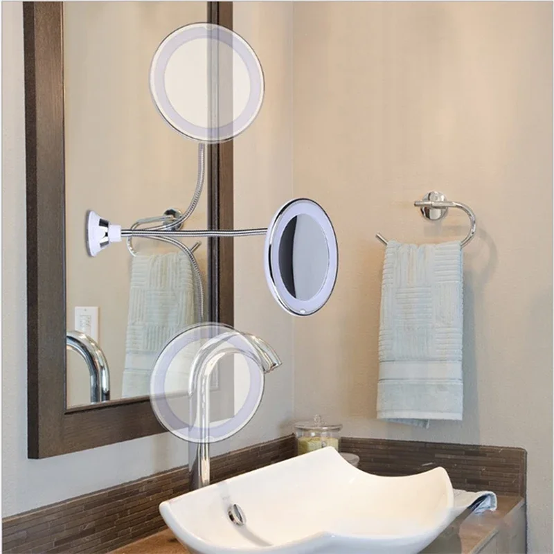 10X Magnifying Makeup Mirror Flexible Hose Suction Cup Mirror LED Light Touch Screen Vanity Mirror 360° Rotating Bathroom Mirror