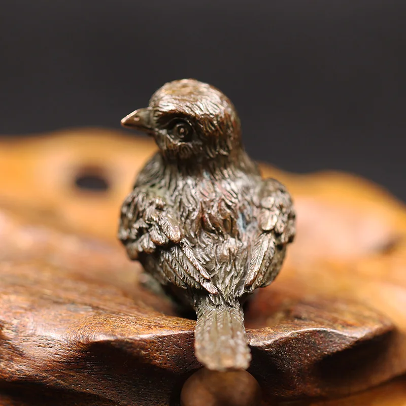 Antique Copper Small Sparrow Statue Desktop Ornaments Metal Animal Bird Figurines Miniatures Tea Pet Home Decoration Accessories