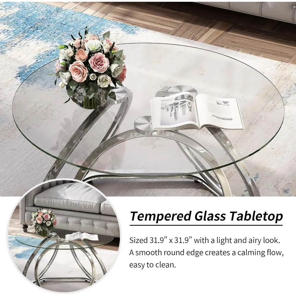 Coffee Table Modern Silver Coffee Living Room Table with Hexagonal Base, Round Coffee Table for HomeOffice, Chrome Finish