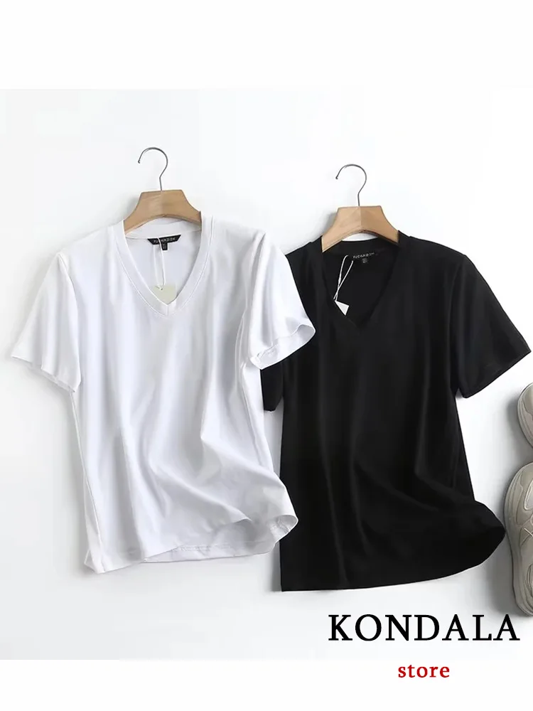 KONDALA Casual Basic T-Shirt White Black Solid V-Neck Short Sleeve Regulai Fit T-Shirt New Fashion 2023 Summer T-Shirts