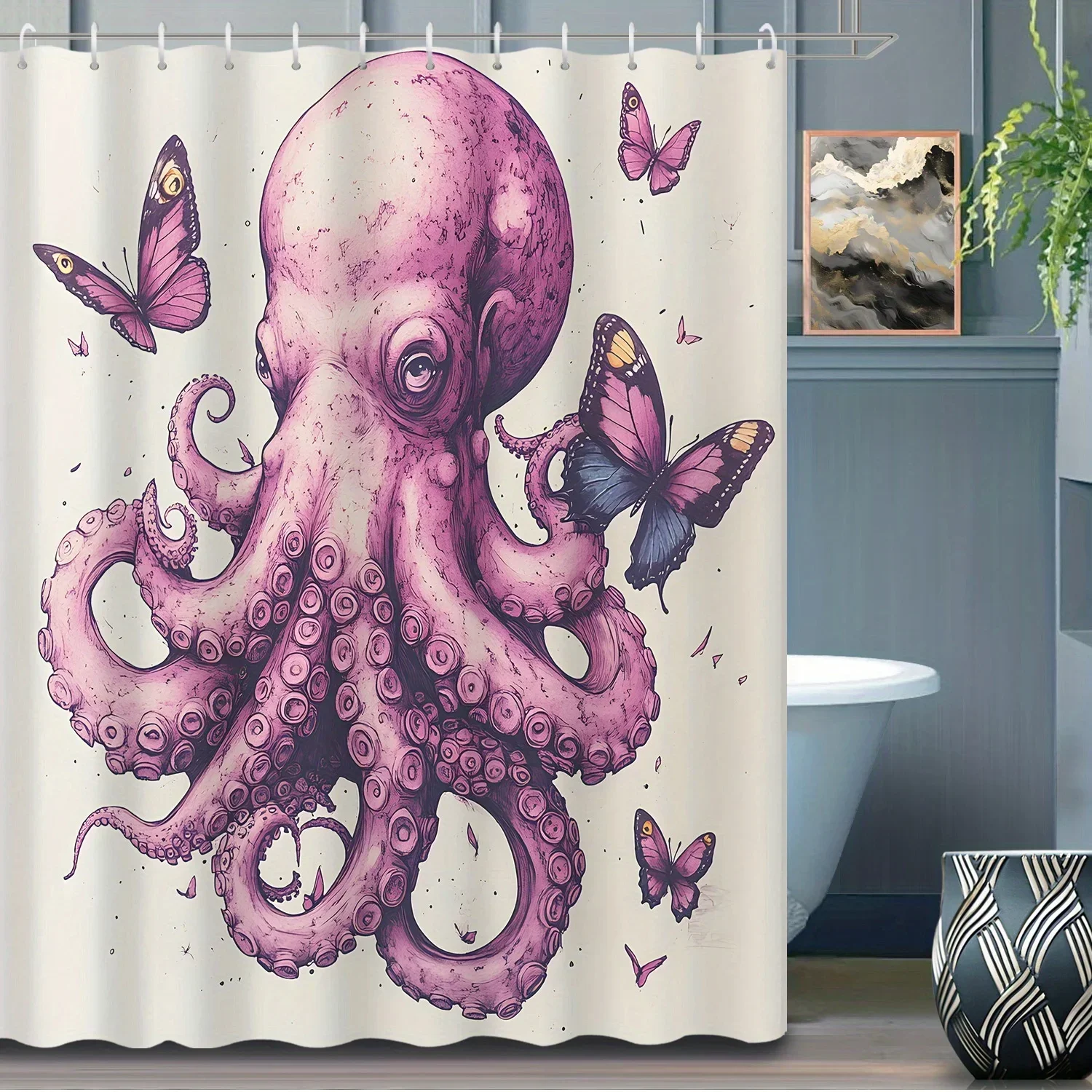 1pc Summer Ocean Theme, Retro Pink Big Octopus Sea Monster And Pink Butterfly Bathroom Shower Curtain with 12 Hooks 180x200cmVVV