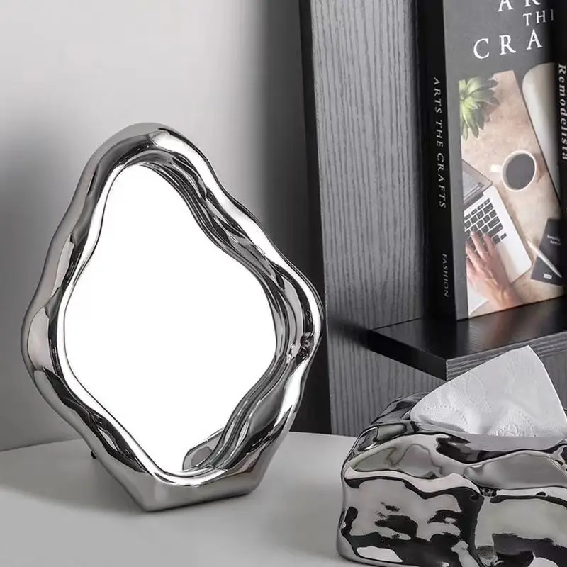 Luxury Irregular Desk Mirror For Bedroom Deorative Bathroom Makeup Mirror Ceramic Compact Standing Mirror Aesthetic Room Decor