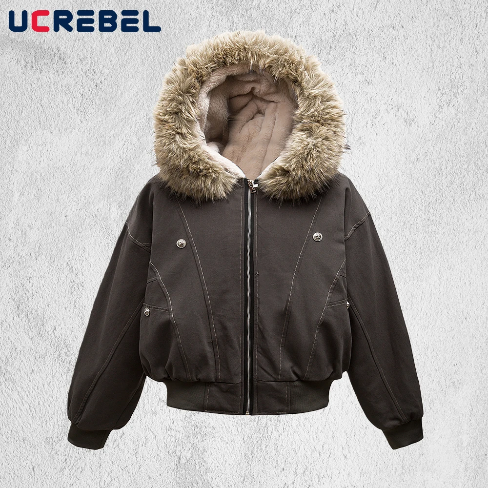 

Button Decoration Hooded Padded Jacket Mens Topstitch Spliced Winter Thick High Street Long Sleeve Fur Collar Outerwear Man