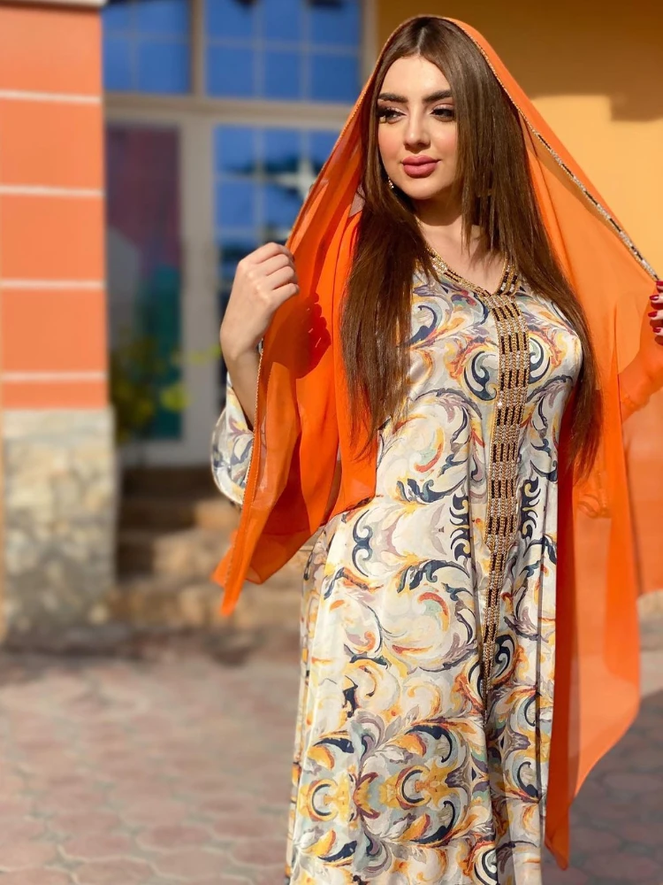 Eid Morocco Muslim Dress Women Floral Print Abaya Dubai Arabic Vestidos Long Kaftan Islamic Clothing Gown Robe 2022 Party Dress