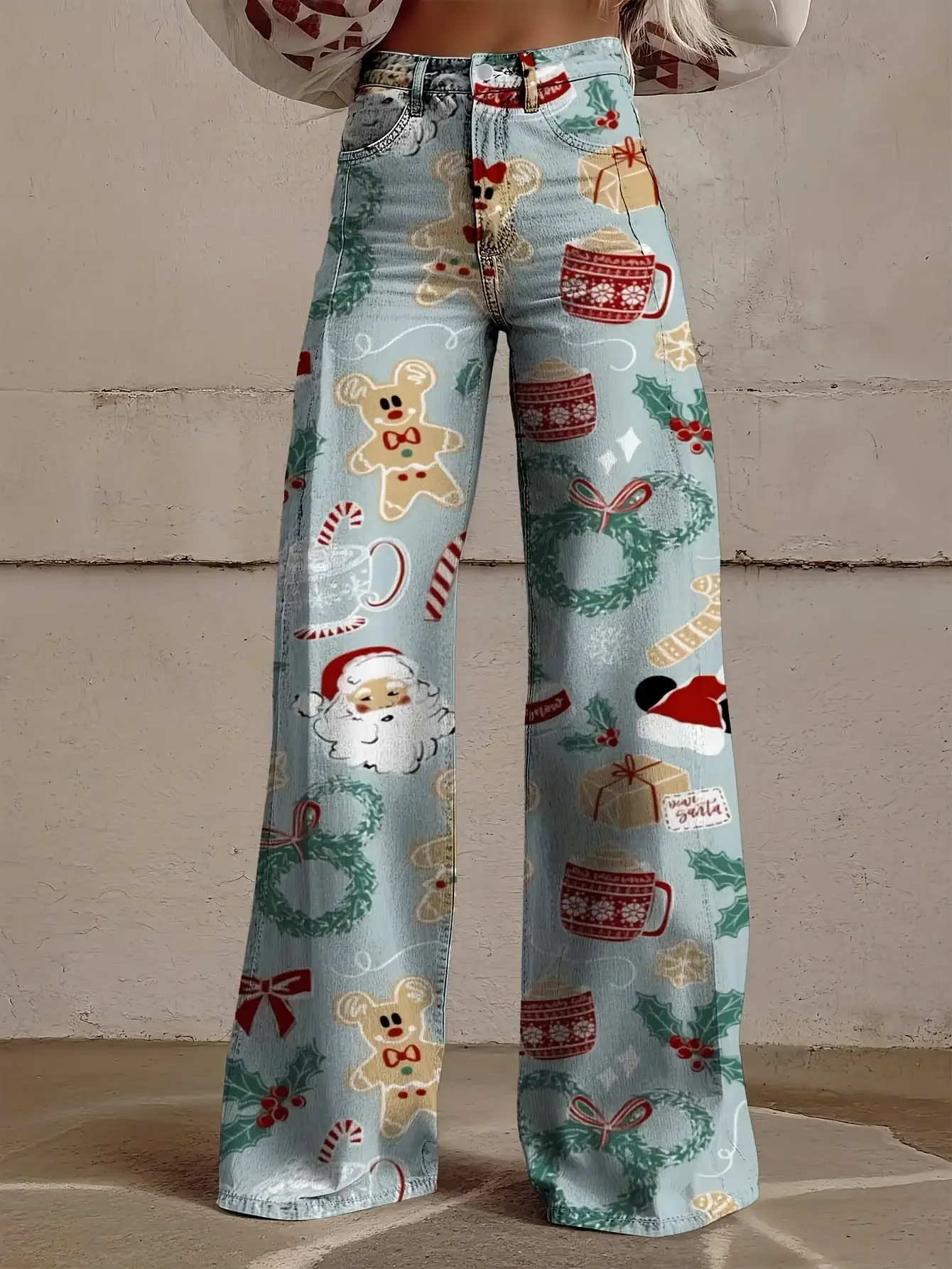 

Ladies' new Christmas printed jeans made of imitation denim fabric, casual and fashionable, Make old patterned pants
