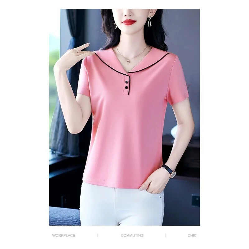 

Женская футболка с коротким рукавом и матросским воротником, с пуговицами, свободного кроя, летний повседневный топ
