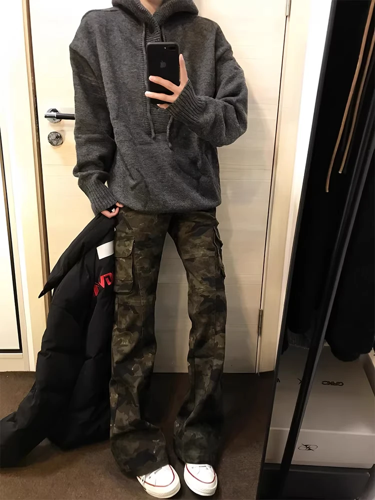 

American Retro Camouflage Flared Workwear Pants Men's Spring Autumn High Street Straight Leg Jeans Cleanfit Youth Fashion