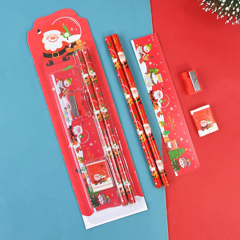 Cartoon Christmas Stationery Set Santa Claus Pencil Eraser Ruler School Supplies Kids Learning Stationery Back To School Decor