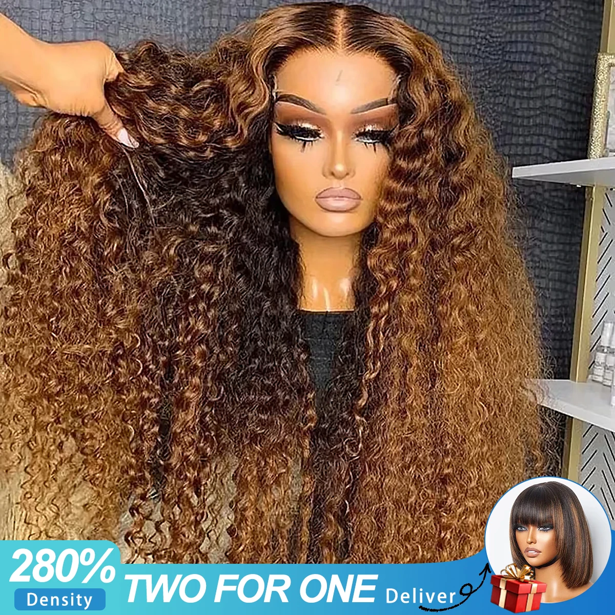 38 40Inch Highlight Loose Deep Wave Lace Frontal Wigs Human Hair 280 Density 4/27 13x6 HD Curly Lace Frontal Wigs  Free Bob Gift