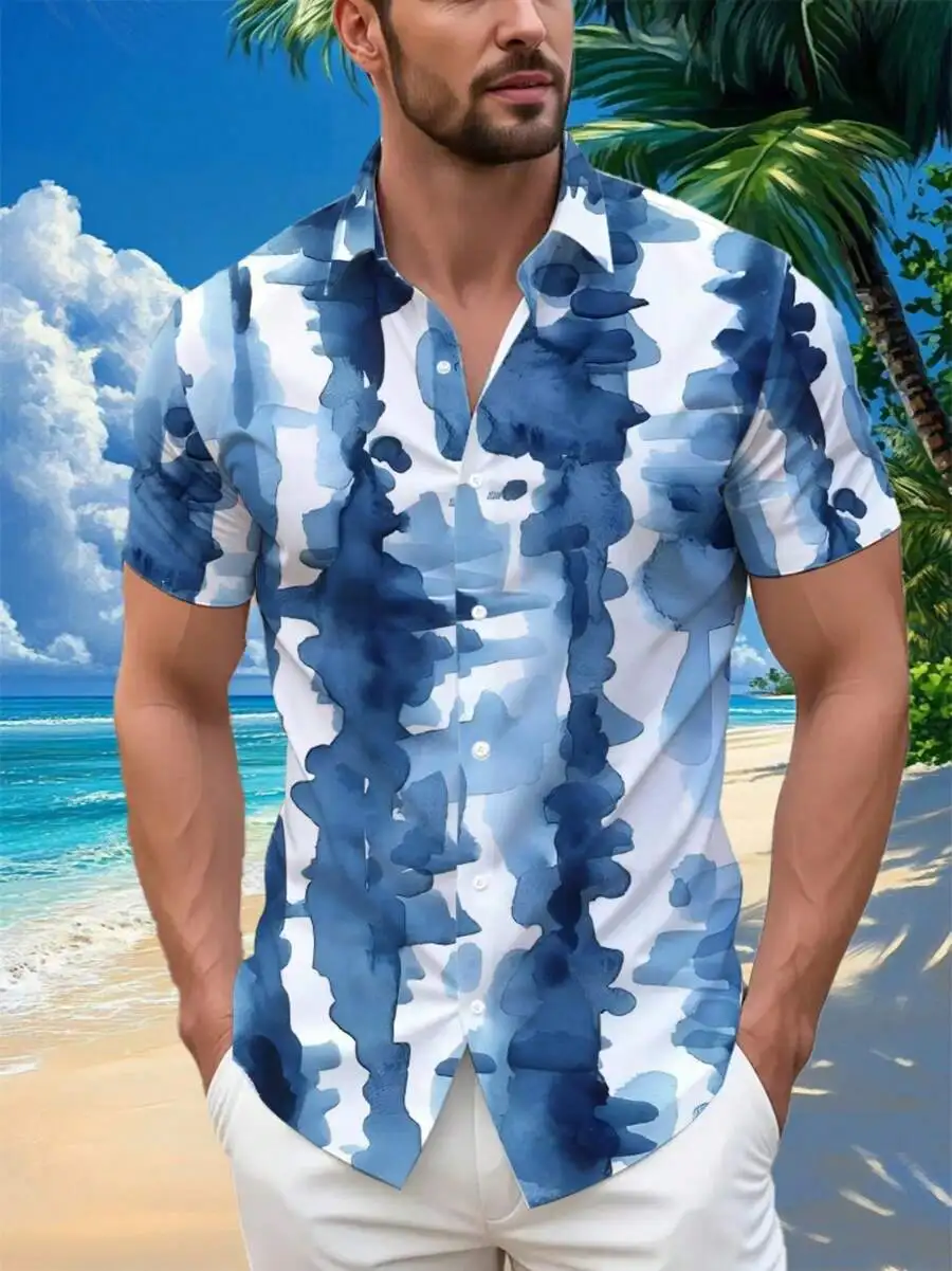 

Mens Blue Ocean Wave Print Casual Short Sleeve Button Up Shirt Beach Style