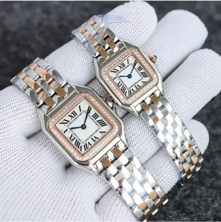 Luxus Neue Damen Dame Mädchen Uhr Gold Silber Stahl Weibliche Damen Quarz Quadratische Uhren mit Diamant Saphirglas