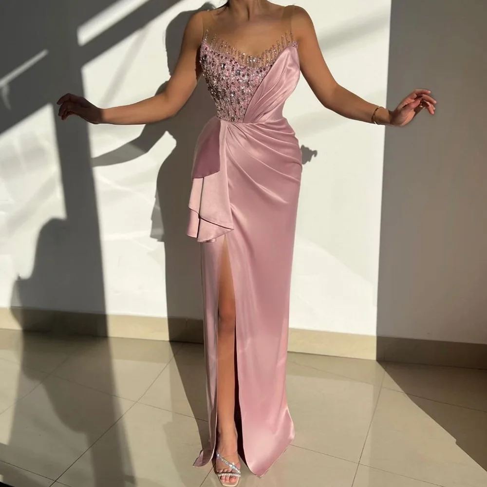 Customized Pink Evening Dresses Long Luxury 2025 Sleeveless Side Split Prom Gowns O-Neck Mermaid Elegant Formal Party Dress New