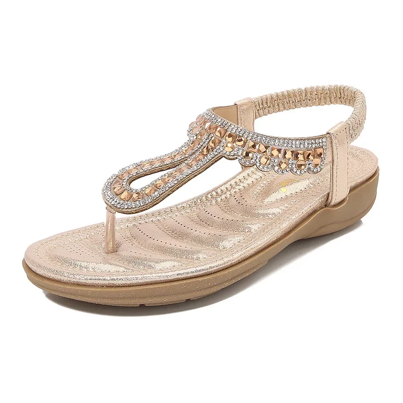 Frauen Böhmen Sandalen Flip-Flops Tanga Flache Heels Plus Größe 36-42 Mode Böhmen Kleid Blatt Strass Mujer