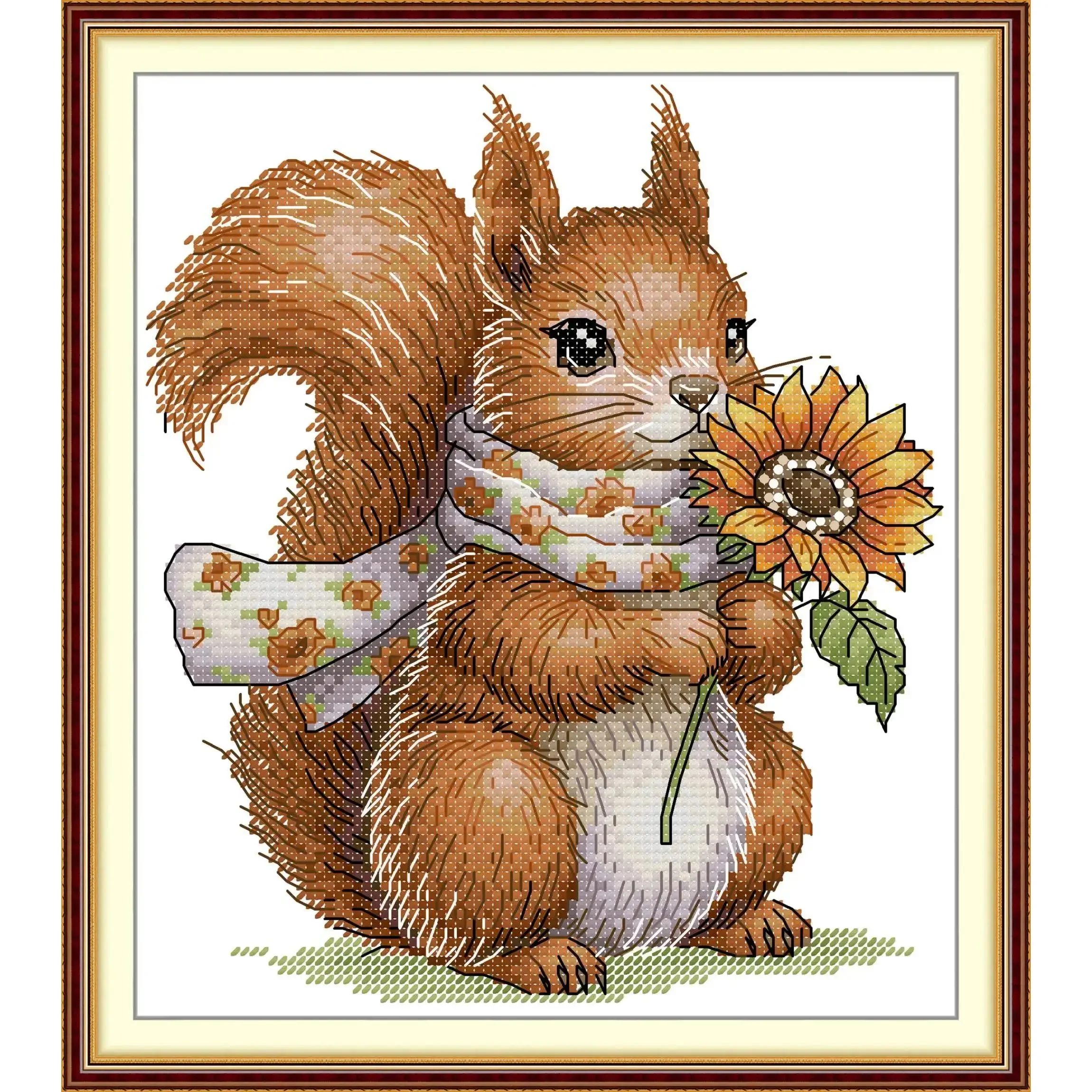 Joy Sunday Pre-printed Cross Stitch Kit  Easy Pattern Aida  Stamped Fabric Embroidery Set-The Squirrel with The Sunflower.