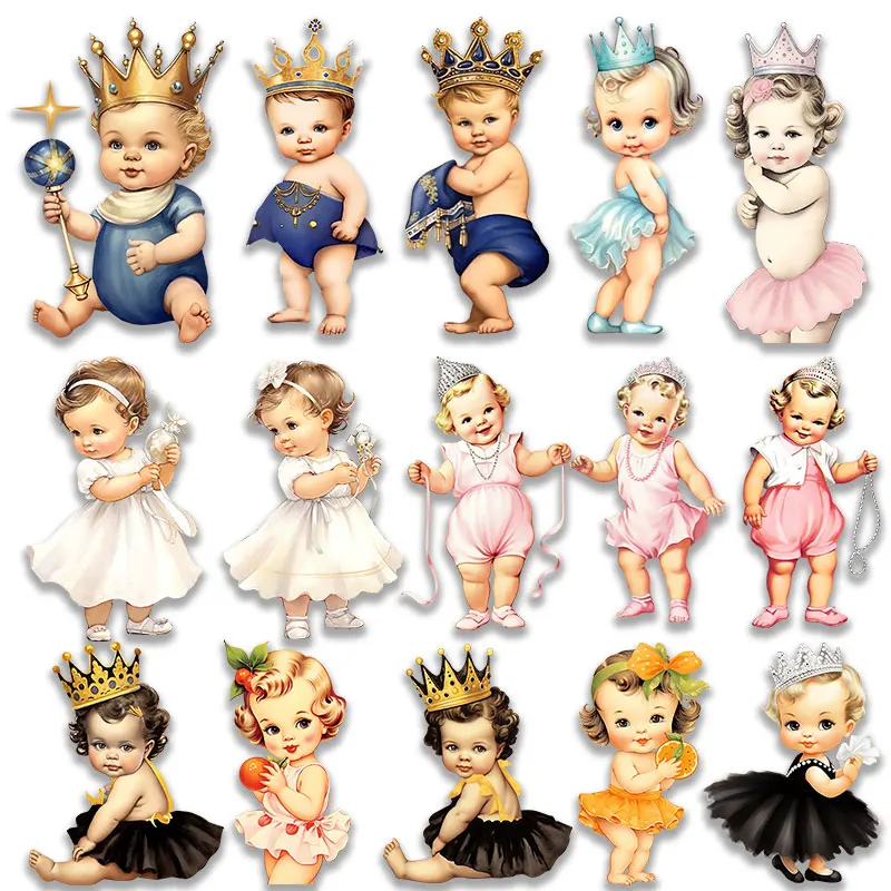 Little Child Wearing a Crown and Jewels  Vintage Style Cute Iron on Patches Stickers for Kids\' Clothes DIY Decoration