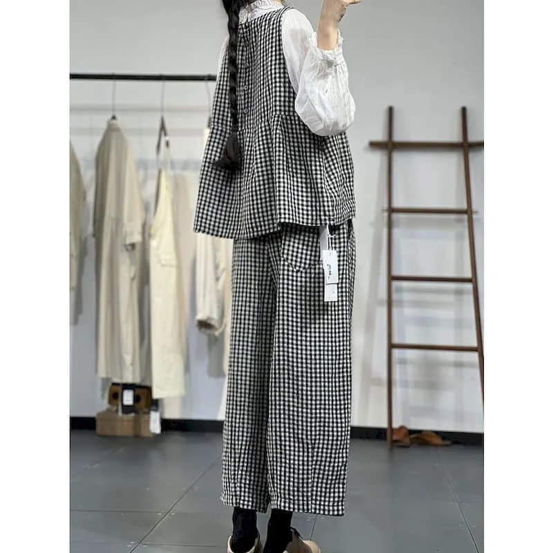 Casual Pants Set Loose Vintage Plaid Sleeveless O-neck Vests and Straight Pants Summer Korean Style Two Piece Set Women Outfits