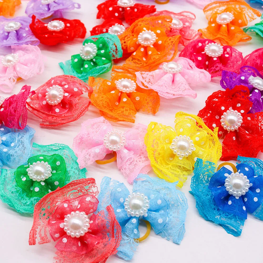 10pcs Pet Dog Hair Bow Accessories Lace Pearl Accents Colourful with Rubber Bands for Cute Medium Small Dog Cats Pet Decoration