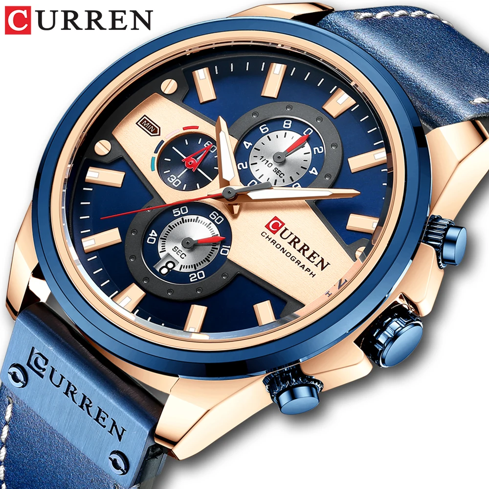 

CURREN New Leather Chronograph Sport Mens Wrist Watch Casual Quartz Watch For Men Brand Automatic Date Blue Clock