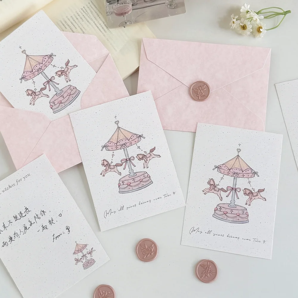 Elegant Carousel Pattern Gift Card Pastel Pink Note Paper For Personalized Message Holiday Celebration Souvenir