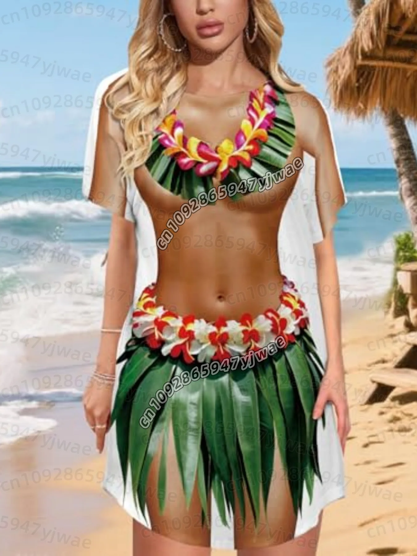 26 Sommer Damen Bikini-Überwurf, Kurzarm, Locker Geschnitten, Meerjungfrauen-Print, Party-Badeanzug-Überkleid, Damen T-Shirt-Kleid – Detail 11