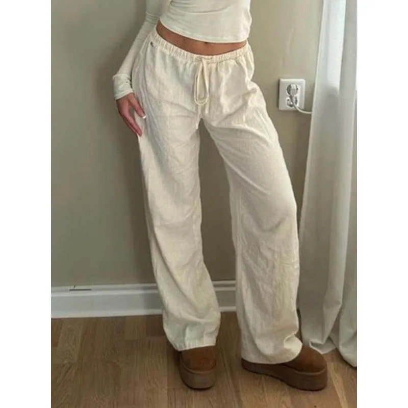 

Повседневные брюки на шнурке для женщин, удобные, свободного кроя, нейтрального стиля, из других материалов, 100% хлопок, весенний сезон, с высокой талией