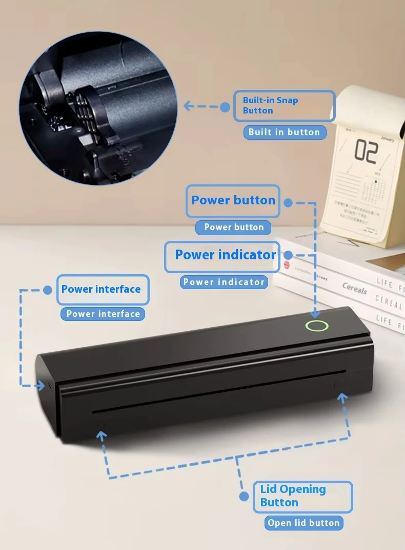 Portable Wireless Printer A4 Inkless USB Thermal Printing 2600mAh Battery 203dpi Resolution