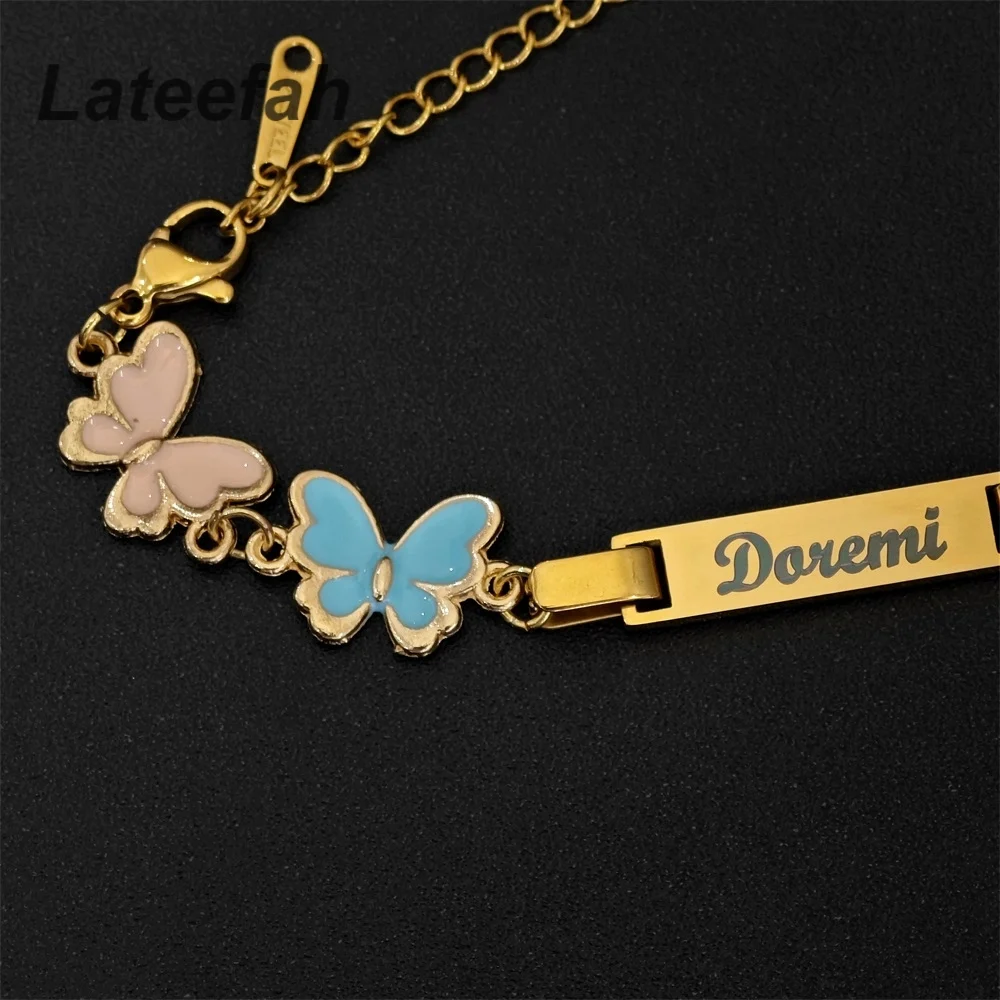 Lateefah Wholesale Custom Kids Engraved Baby Name Blank Bar Bracelet Colorful Enamel Butterfly Charm DIY Name Bracelet