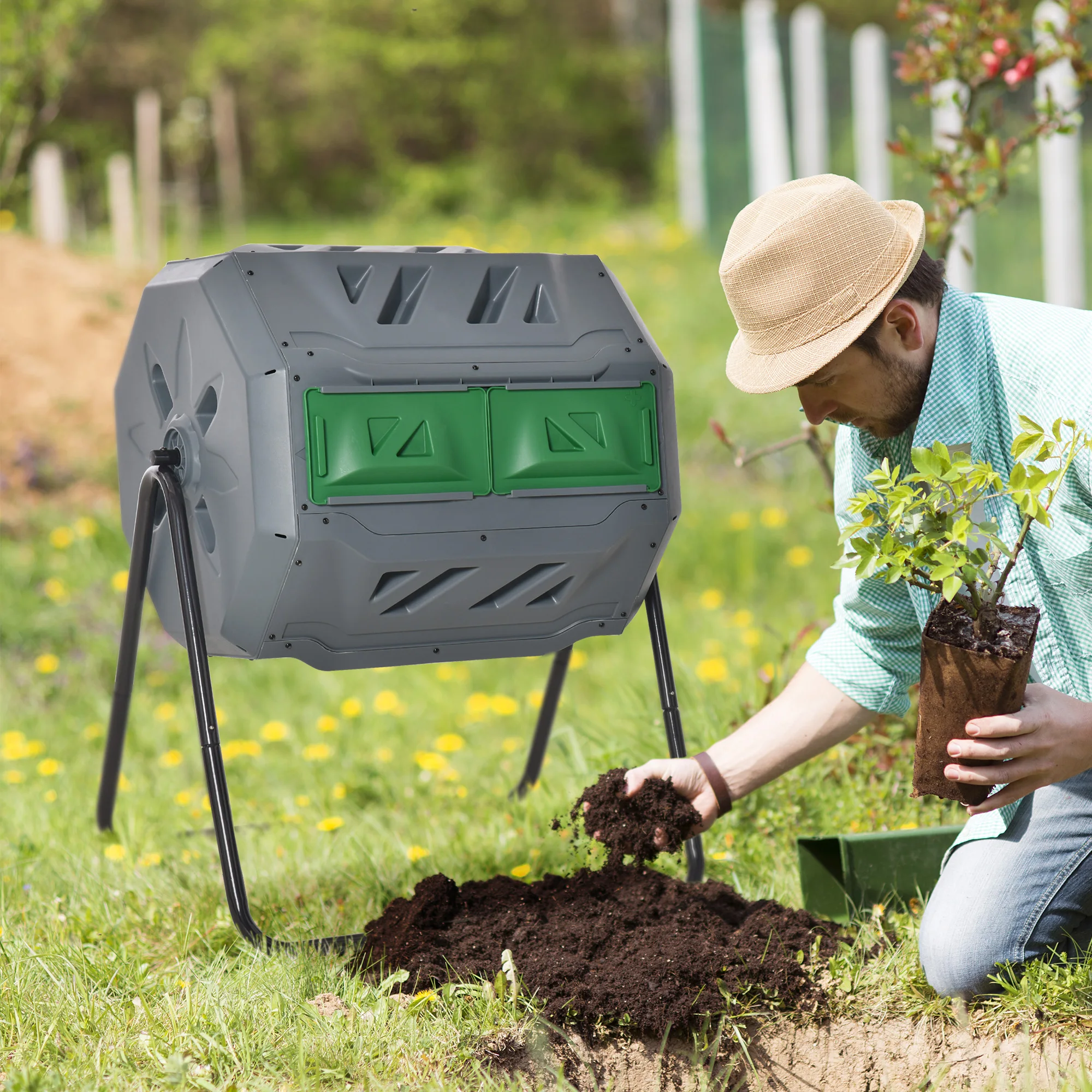Cadre en acier de compositeur de tambour rotatif à double chambre Outsunny 160L