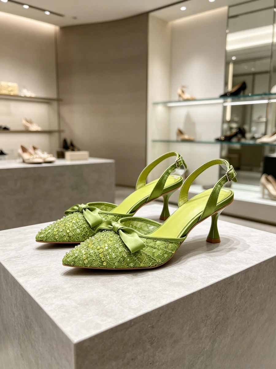 Avocado Green Lace Sequin Pearl Pointed Slingback Kitten Heels, Glam Runway Formal High Heels for Middle Aged Women Wedding Prom