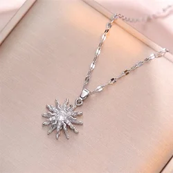 Rotating Flower Pendant Stainless Steel Chains Necklaces For Women Antique Silver Color Ins White Zircon Sun Clavicle Necklace