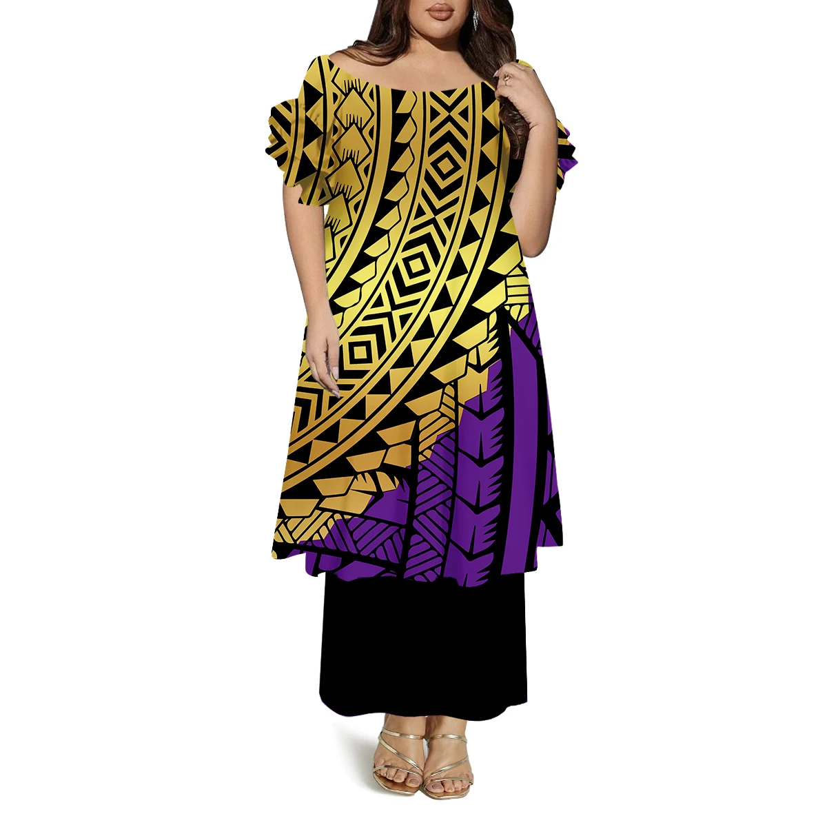 Vestido feminino polinésio casual personalizado de camada dupla com padrão em torno do pescoço mangas borboleta vestido de verão solto de alta qualidade