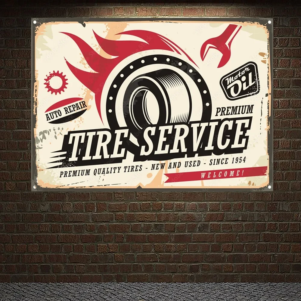 Vintage Car TIRE SERVICE & REPAIR Poster Wall Art Painting Tapestry Flag GARAGE Auto Repair Shop Gas Station Wall Decor Banner