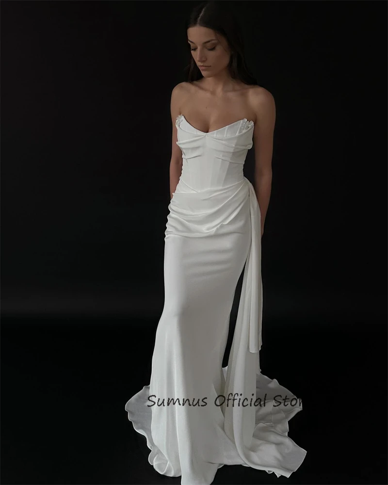 SUMNUS Popular Strapless Sheath Mermaid Wedding Dresses Princess Sleeveless Beach Bridal Growns Draped Train Robe de Mariage